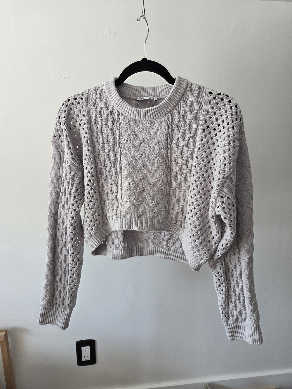 Zara Cropped Cable & Openwork Sweater - Light Beige